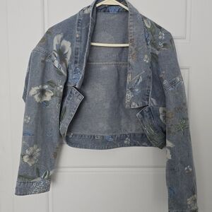 Floral Print Cropped Denim Jacket - Blue